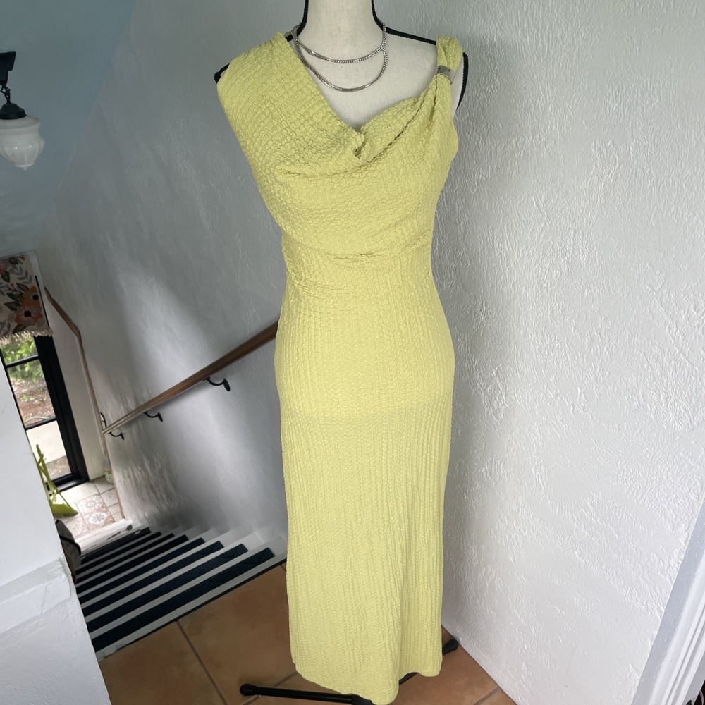 See‎ You Monday NWT Yellow Chartreuse Modern Cow Neck Waffle Knit Maxi Dress M/L
